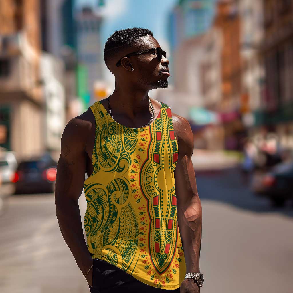 Dashiki and Polynesian Pattern Men Tank Top Afro Pacific Culture Gold Version LT9