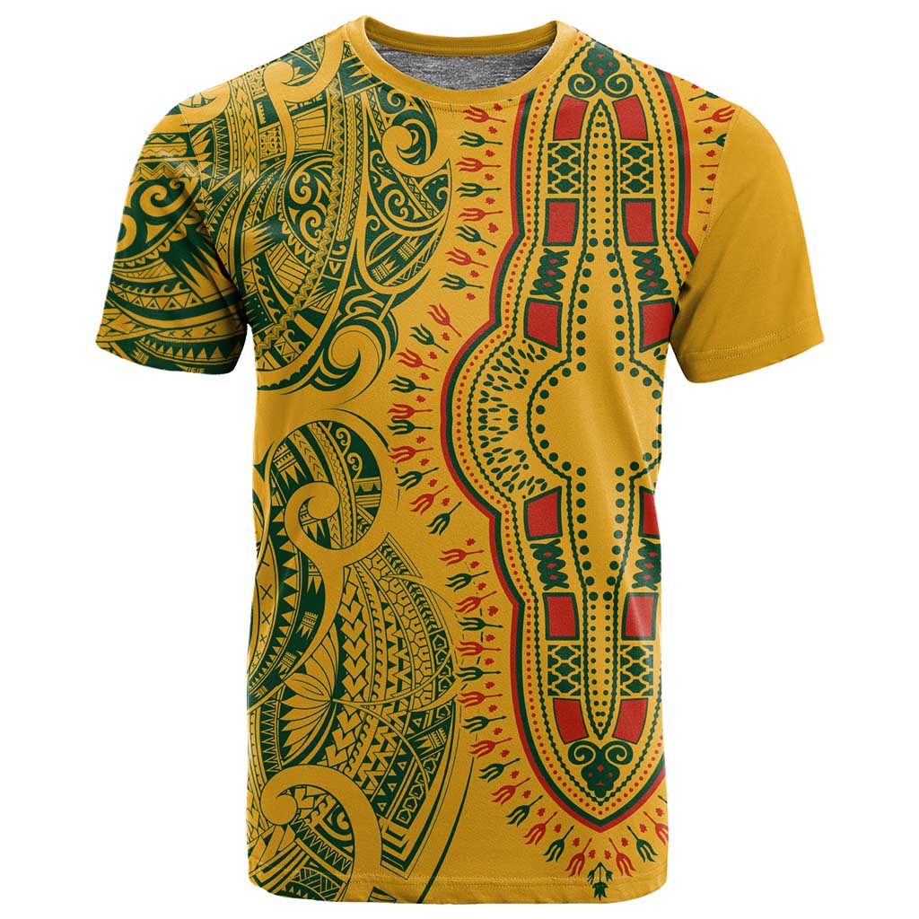 Dashiki and Polynesian Pattern T shirt Afro Pacific Culture Gold Version LT9