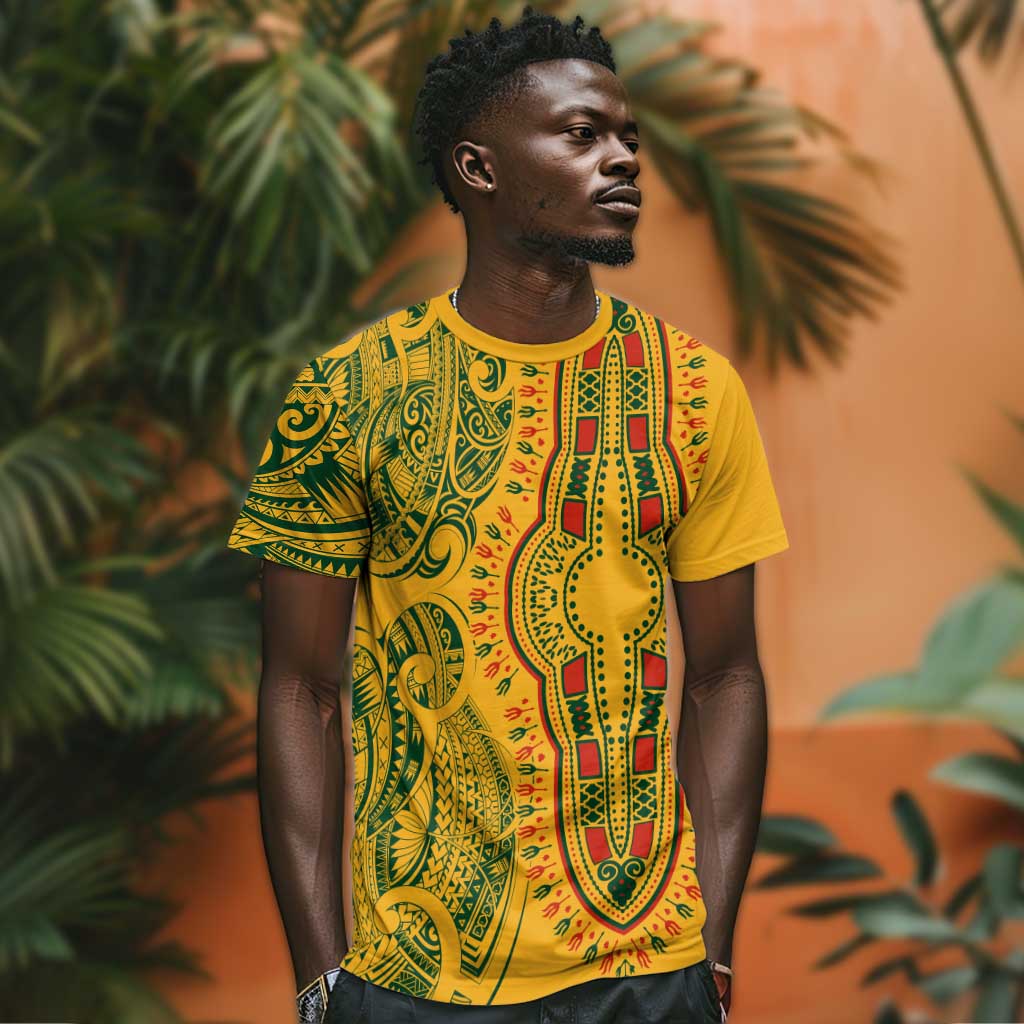 Dashiki and Polynesian Pattern T shirt Afro Pacific Culture Gold Version LT9