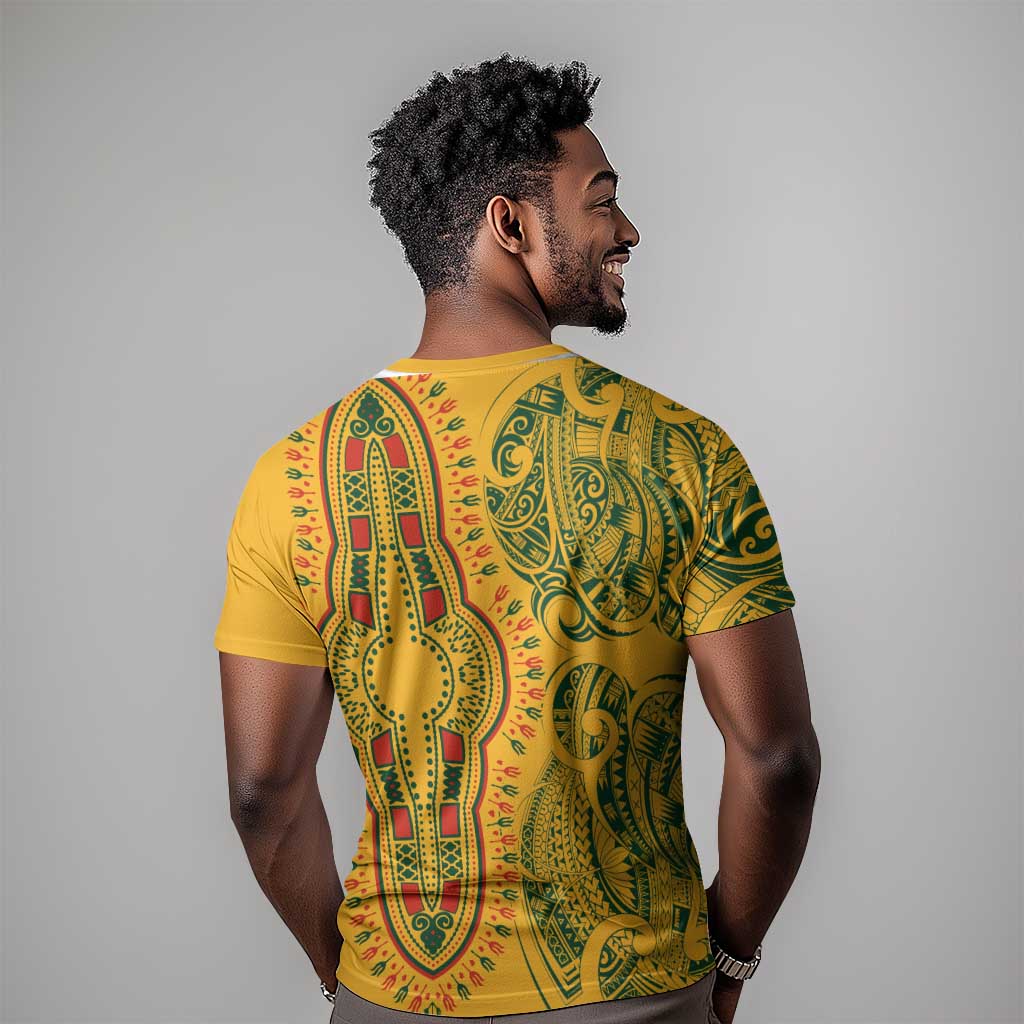 Dashiki and Polynesian Pattern T shirt Afro Pacific Culture Gold Version LT9