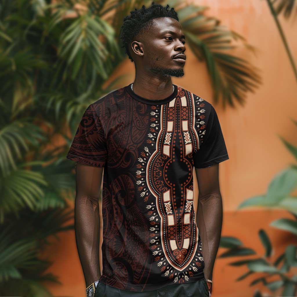 Dashiki and Polynesian Pattern T shirt Afro Pacific Culture Red Version LT9