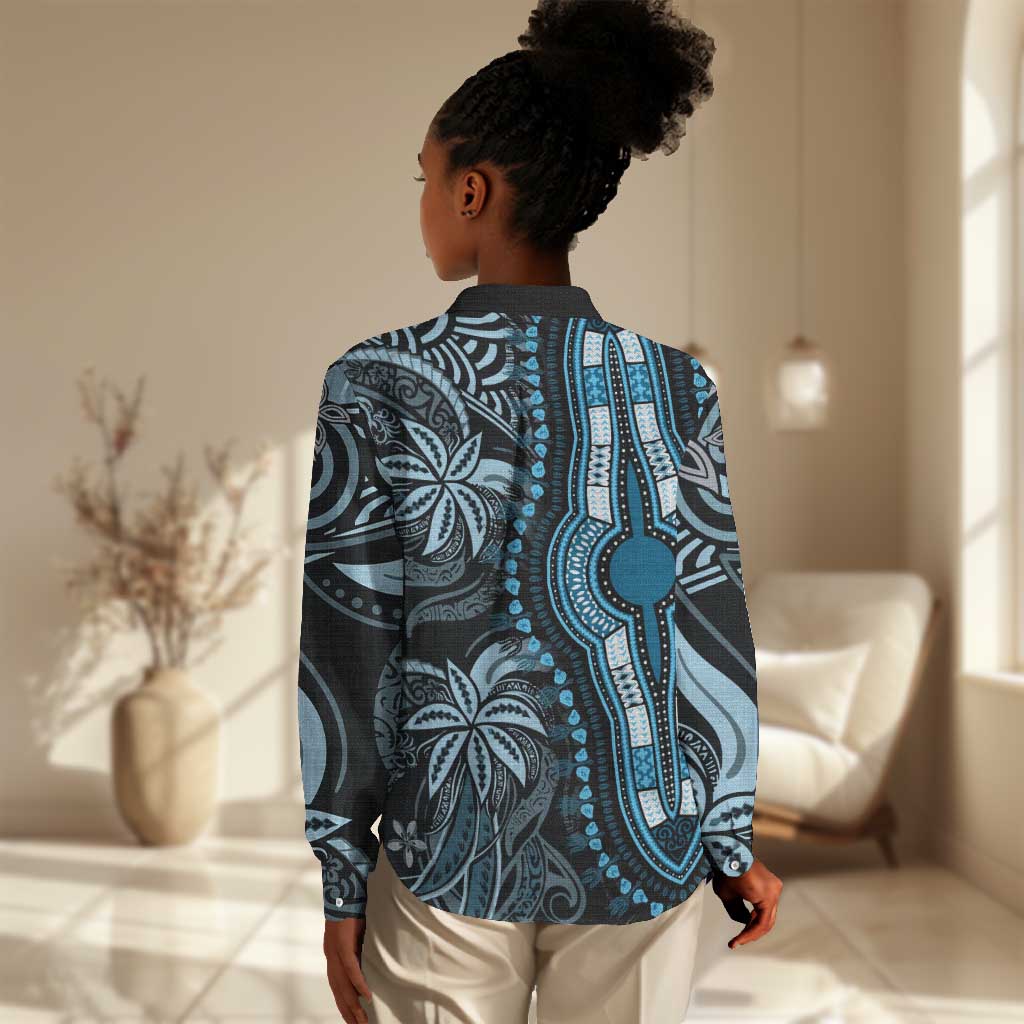 Polynesia Mixed African Dashiki Women Casual Shirt Afro-pacific Culture - Blue LT9