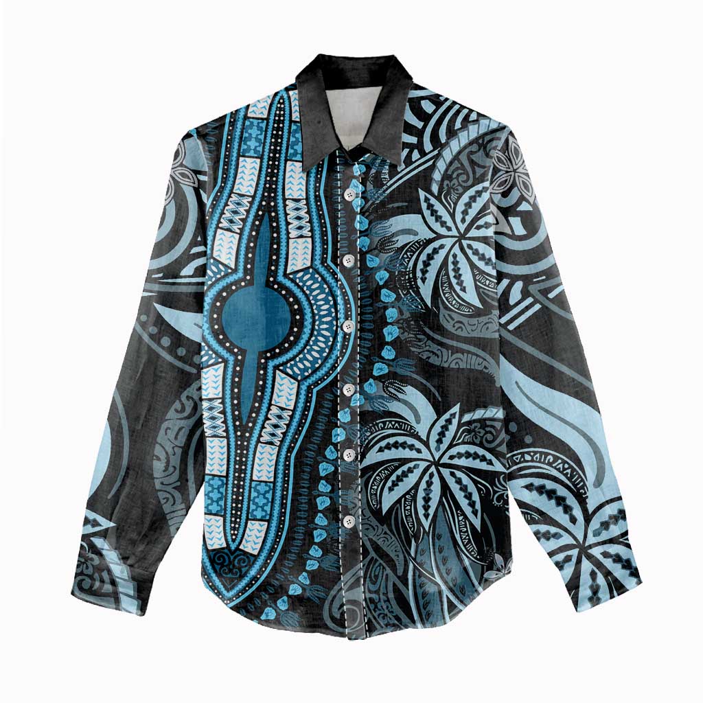 Polynesia Mixed African Dashiki Women Casual Shirt Afro-pacific Culture - Blue LT9