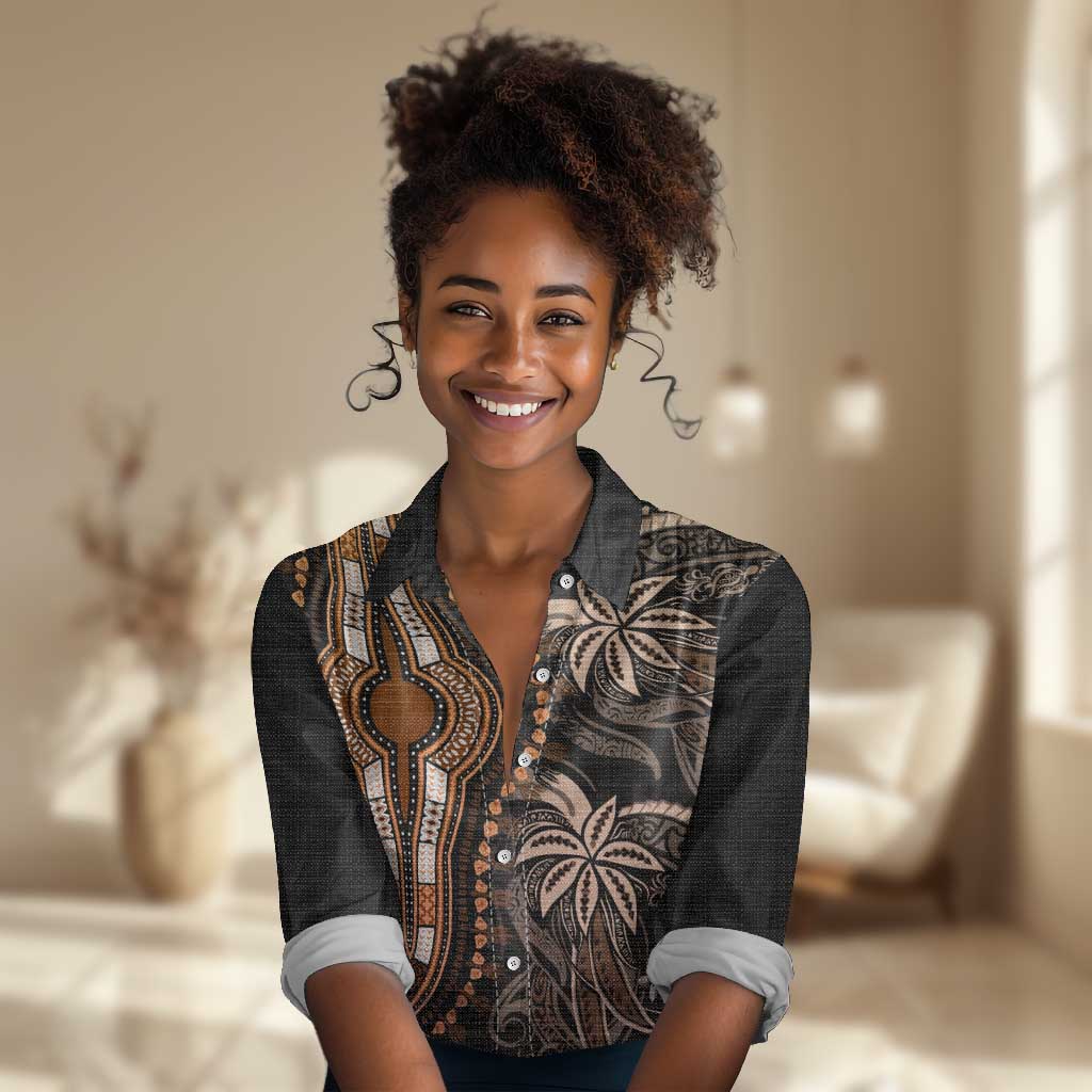 Polynesia Mixed African Dashiki Women Casual Shirt Afro-pacific Culture - Gold LT9