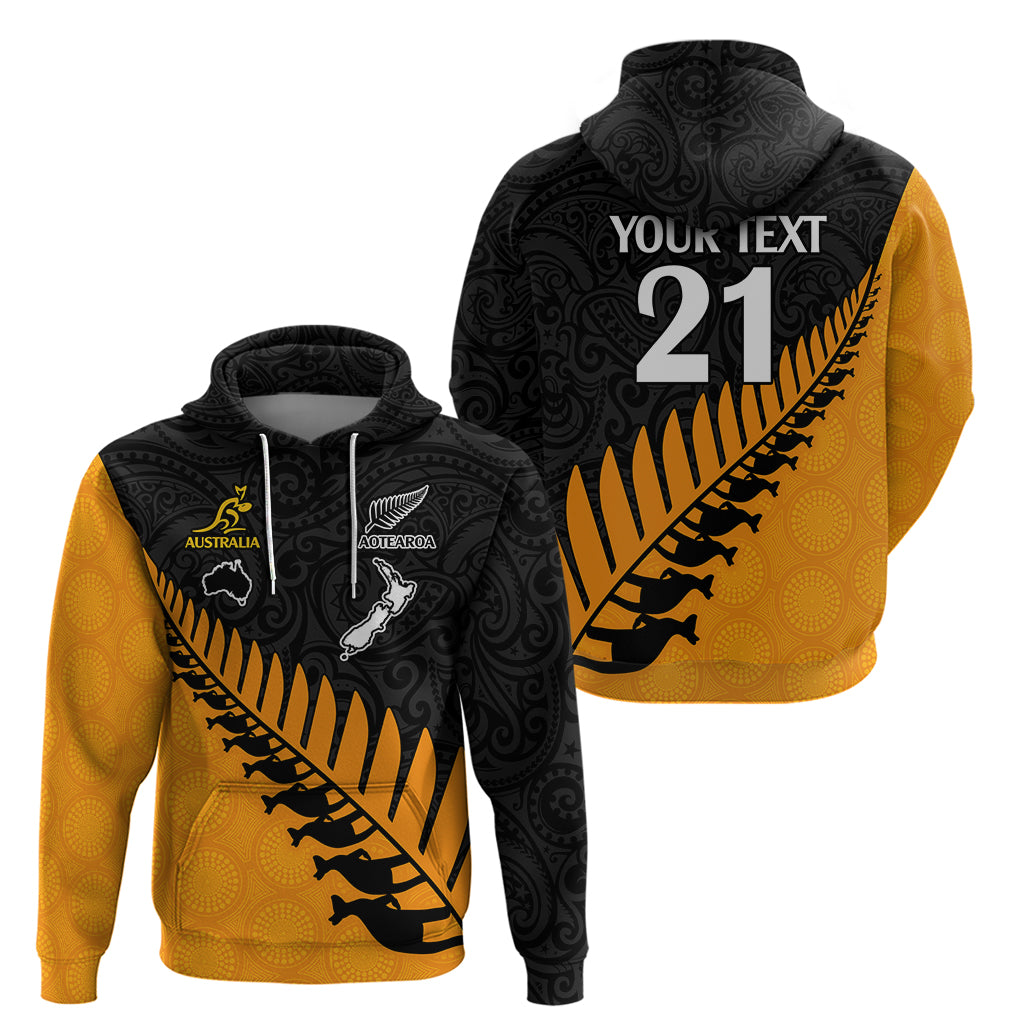 Custom Australia Wallabies and Aotearoa Rugby Hoodie Kangaroo Black Fern Maori Gold Vibe LT9