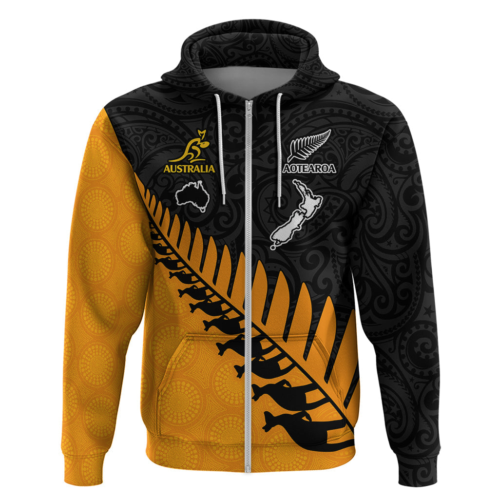 Custom Australia Wallabies and Aotearoa Rugby Hoodie Kangaroo Black Fern Maori Gold Vibe LT9