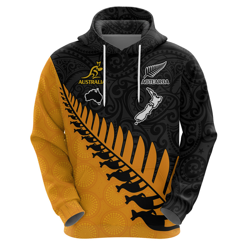 Custom Australia Wallabies and Aotearoa Rugby Hoodie Kangaroo Black Fern Maori Gold Vibe LT9