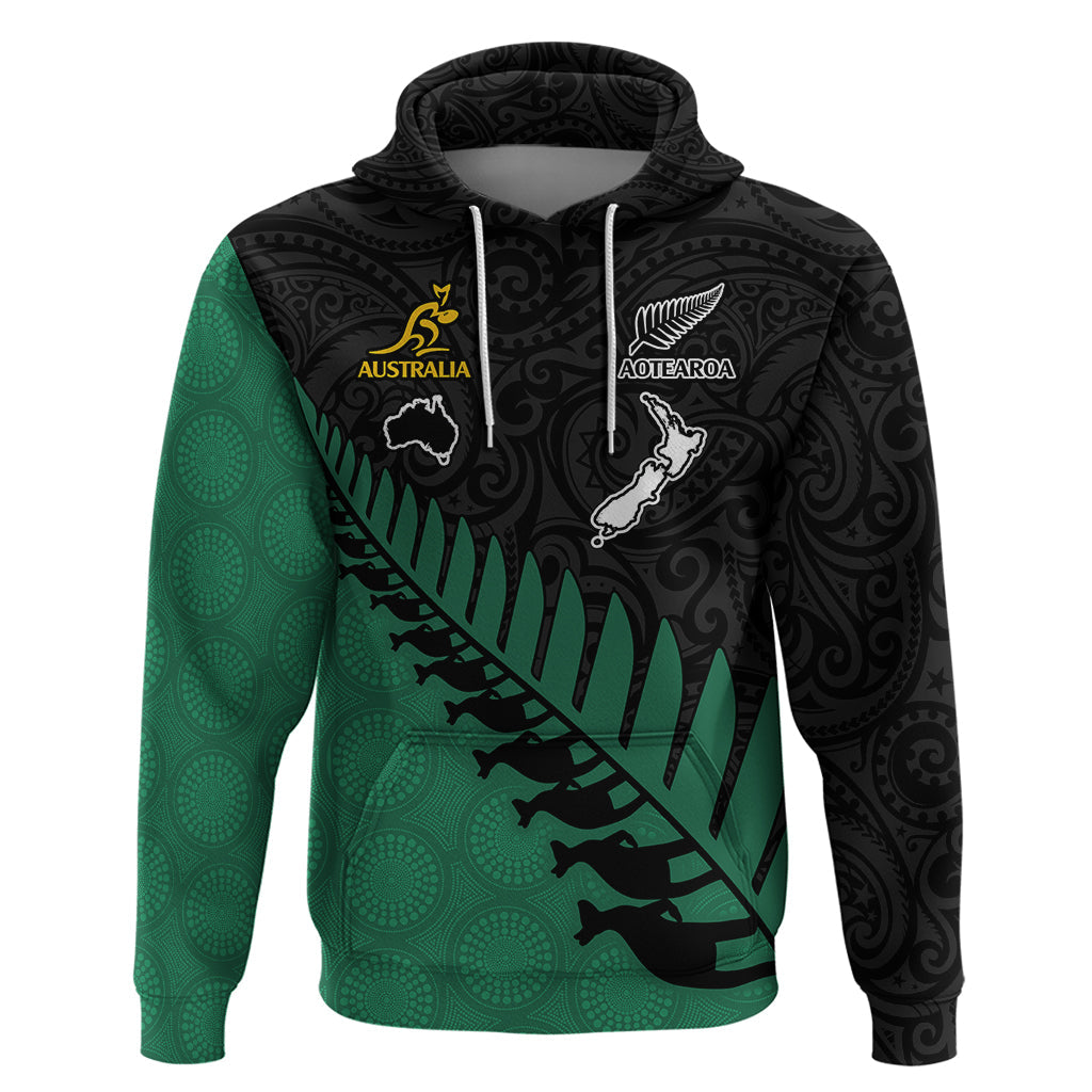 Custom Australia Wallabies and Aotearoa Rugby Hoodie Kangaroo Black Fern Maori Green Vibe LT9