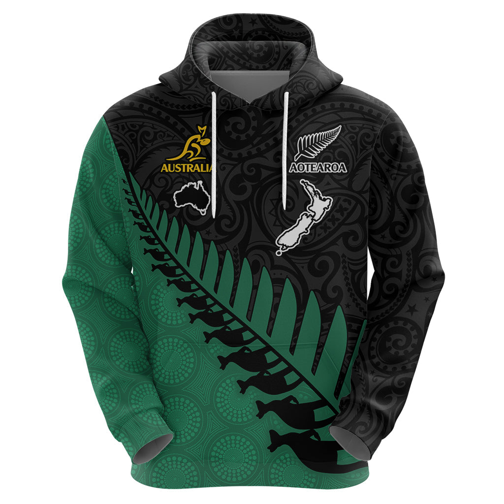 Custom Australia Wallabies and Aotearoa Rugby Hoodie Kangaroo Black Fern Maori Green Vibe LT9