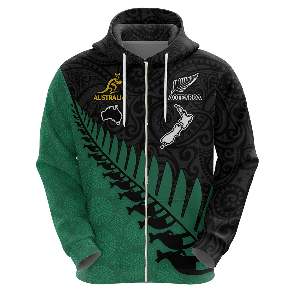 Custom Australia Wallabies and Aotearoa Rugby Hoodie Kangaroo Black Fern Maori Green Vibe LT9