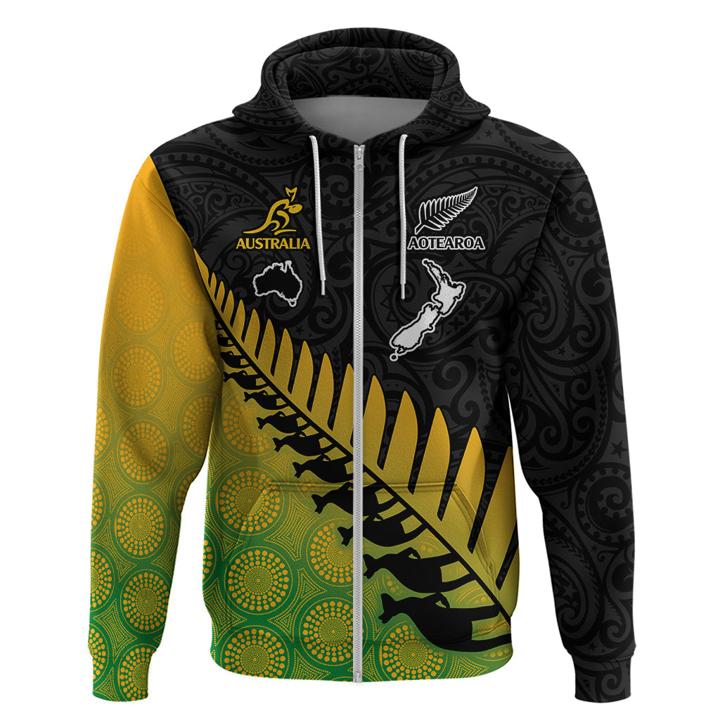 Custom Australia Wallabies and Aotearoa Rugby Hoodie Kangaroo Black Fern Maori Gradient Vibe LT9