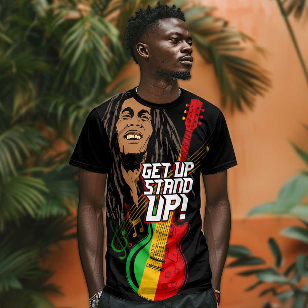 Legend Bob Get Up Stand Up T shirt Black Jamaican Reggae Multicolored LT9
