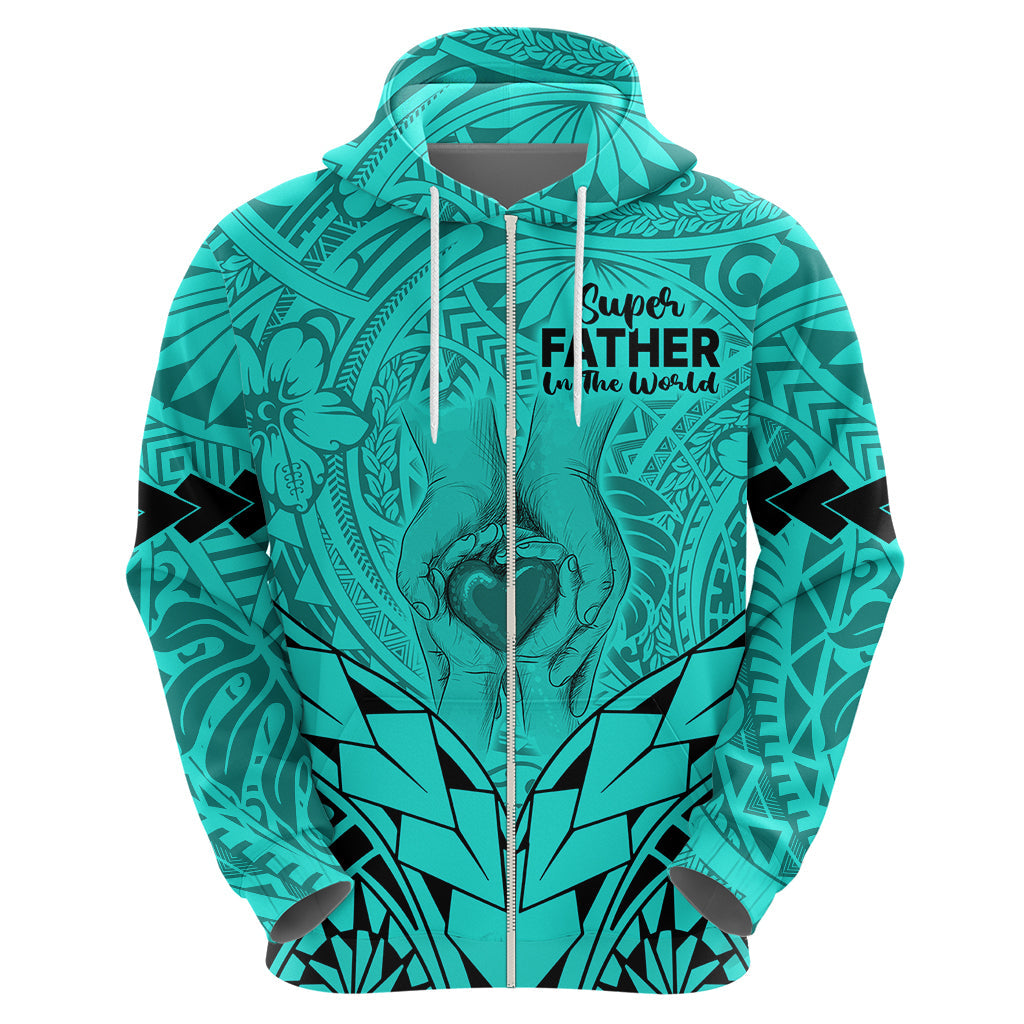 Personalised Polynesian Father's Day Gift For Dad Hoodie Super Father In The World - Turquoise Polynesian Pattern LT9