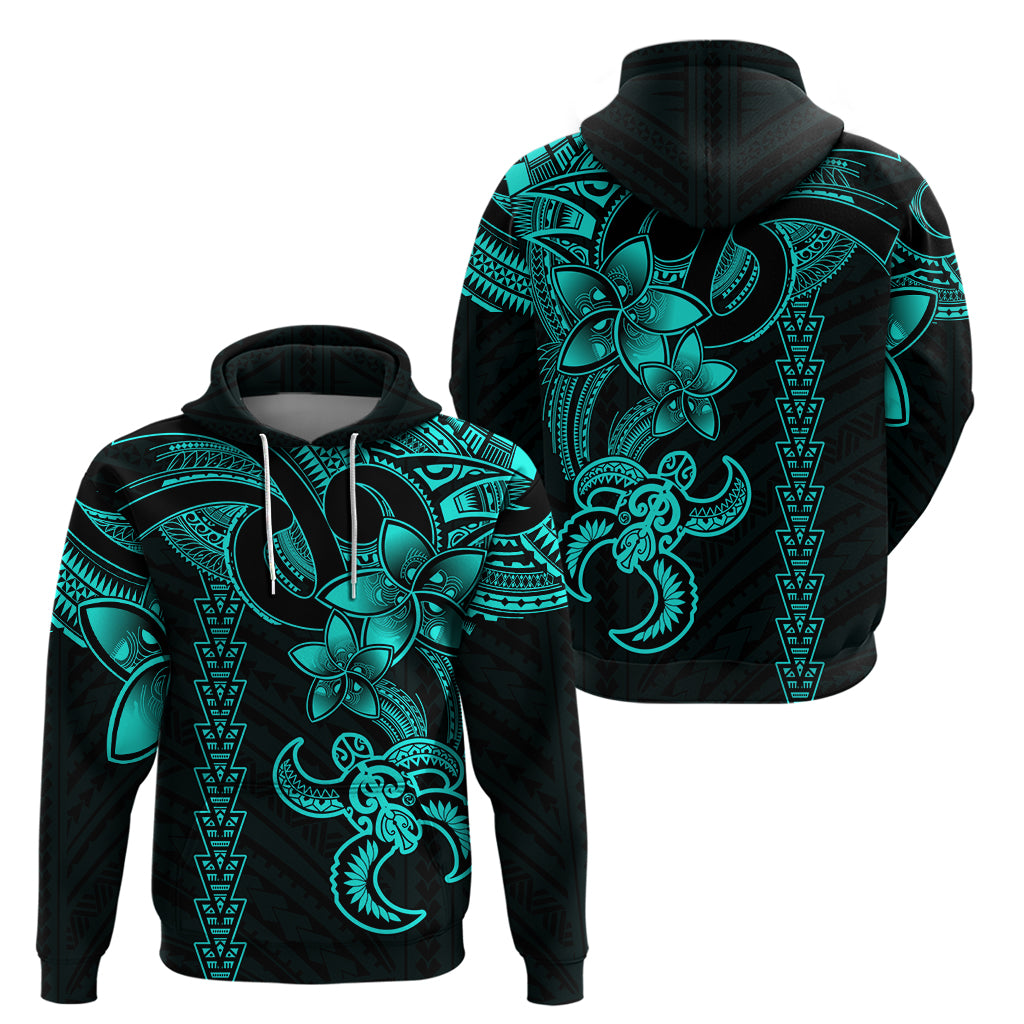 Hawaiian Tribal Hoodie Polynesian Kakau Turtle - Aqua LT9