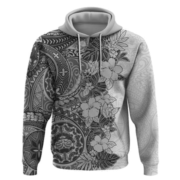Polynesia Hoodie Hibiscus and Hawaiian Tribal Tattoo Retro Style Gray Color LT9