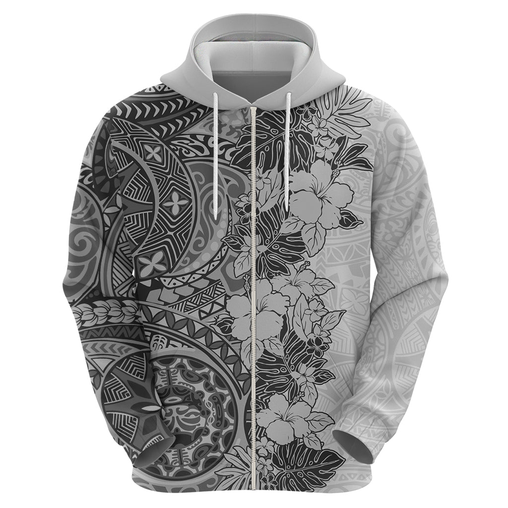 Polynesia Hoodie Hibiscus and Hawaiian Tribal Tattoo Retro Style Gray Color LT9