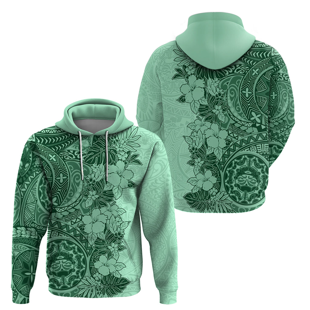 Polynesia Hoodie Hibiscus and Hawaiian Tribal Tattoo Retro Style Green Color LT9