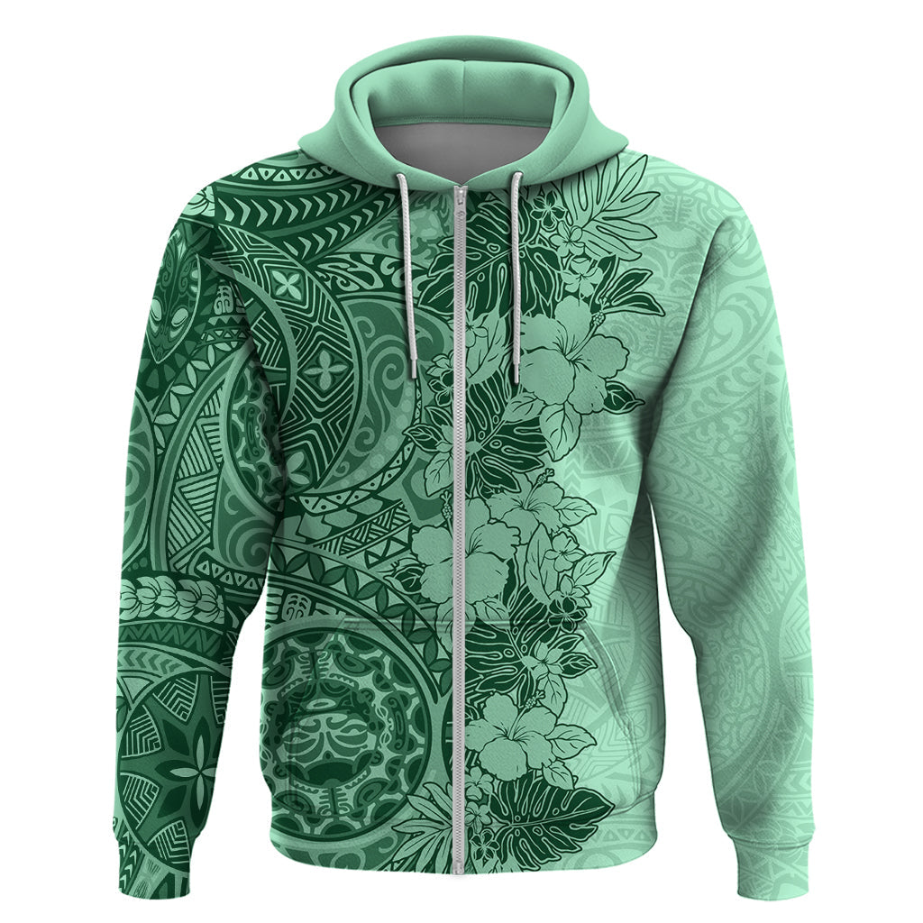 Polynesia Hoodie Hibiscus and Hawaiian Tribal Tattoo Retro Style Green Color LT9