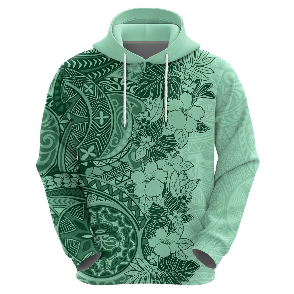 Polynesia Hoodie Hibiscus and Hawaiian Tribal Tattoo Retro Style Green Color LT9
