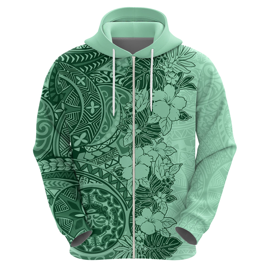 Polynesia Hoodie Hibiscus and Hawaiian Tribal Tattoo Retro Style Green Color LT9