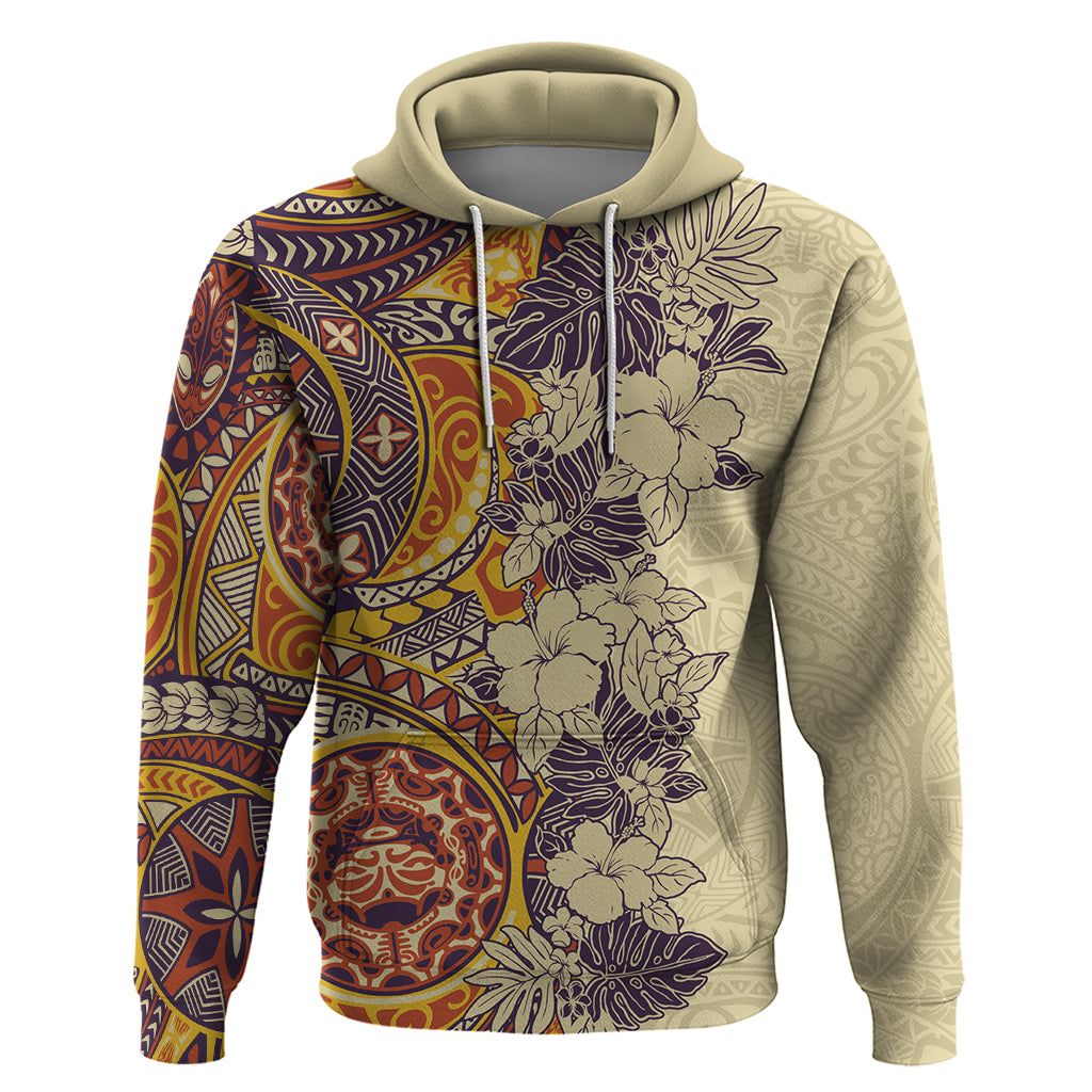 Polynesia Hoodie Hibiscus and Hawaiian Tribal Tattoo Retro Style Tan Color LT9