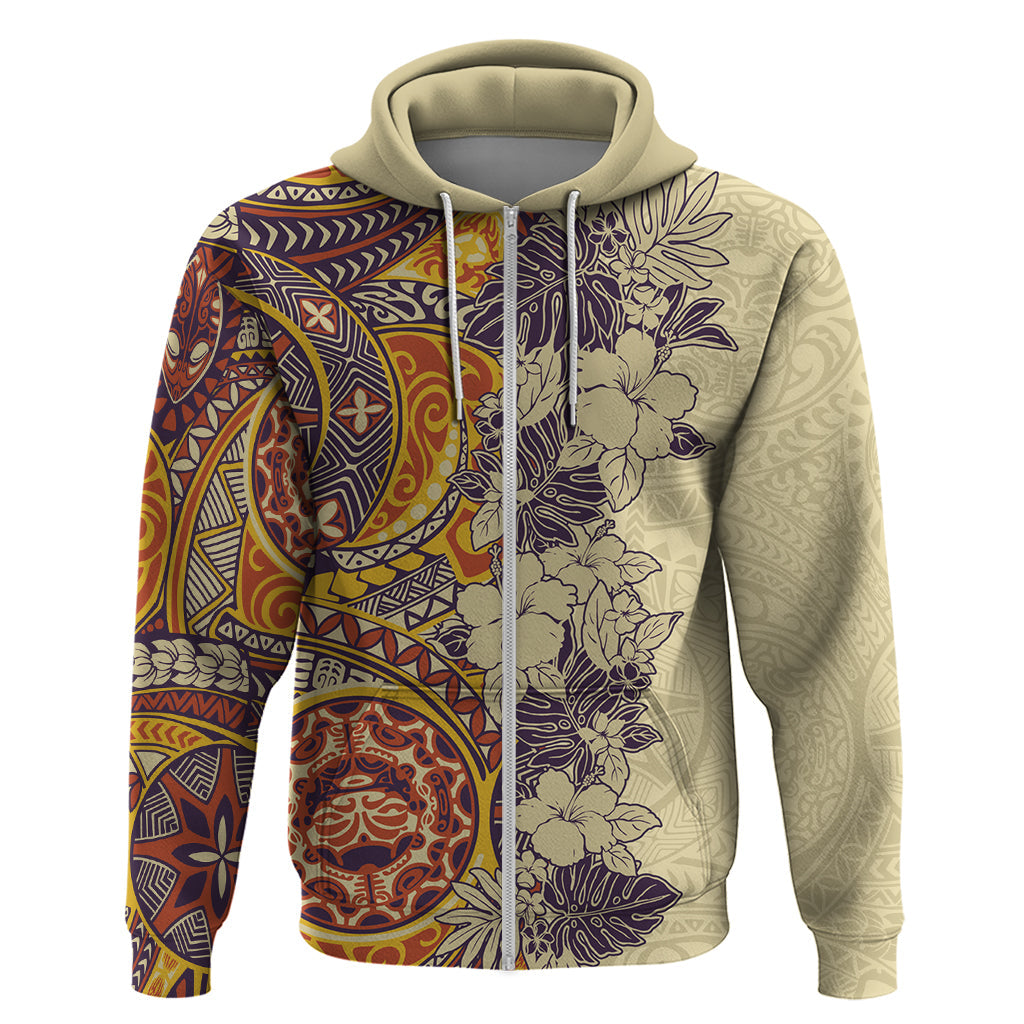 Polynesia Hoodie Hibiscus and Hawaiian Tribal Tattoo Retro Style Tan Color LT9