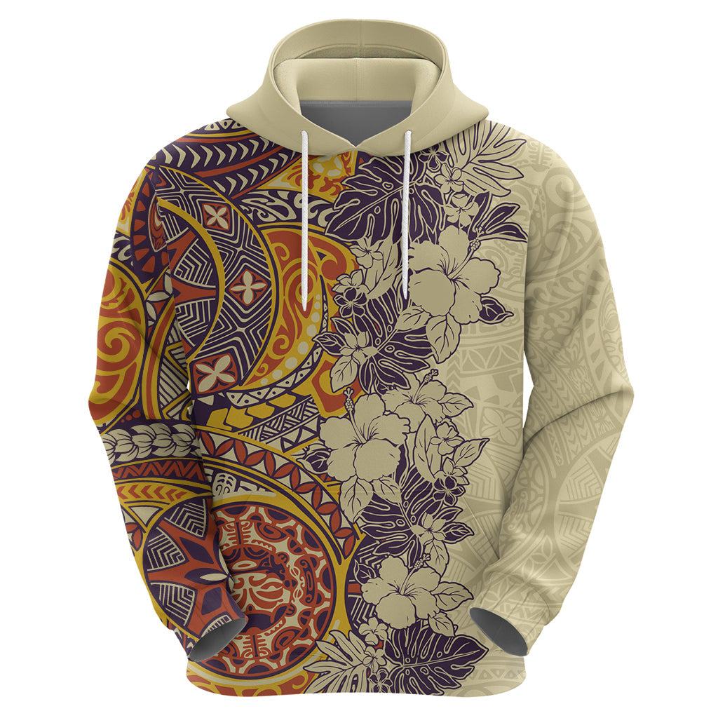 Polynesia Hoodie Hibiscus and Hawaiian Tribal Tattoo Retro Style Tan Color LT9