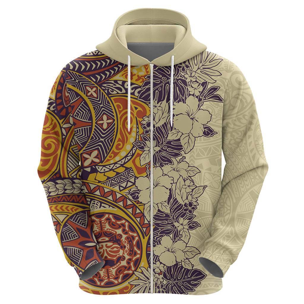 Polynesia Hoodie Hibiscus and Hawaiian Tribal Tattoo Retro Style Tan Color LT9