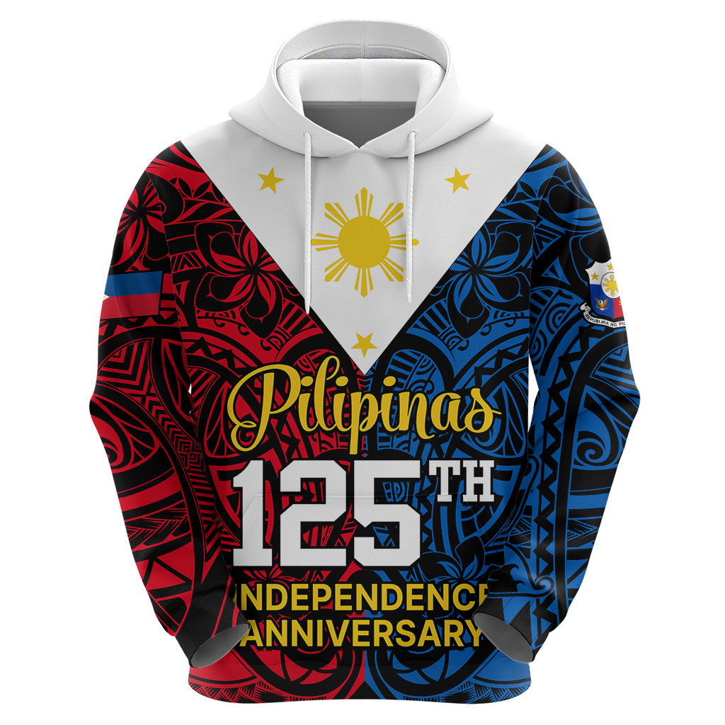 Personalised 125th Independence Anniversary Philippines Hoodie Polynesian Pilipinas Flag Style - Black LT9