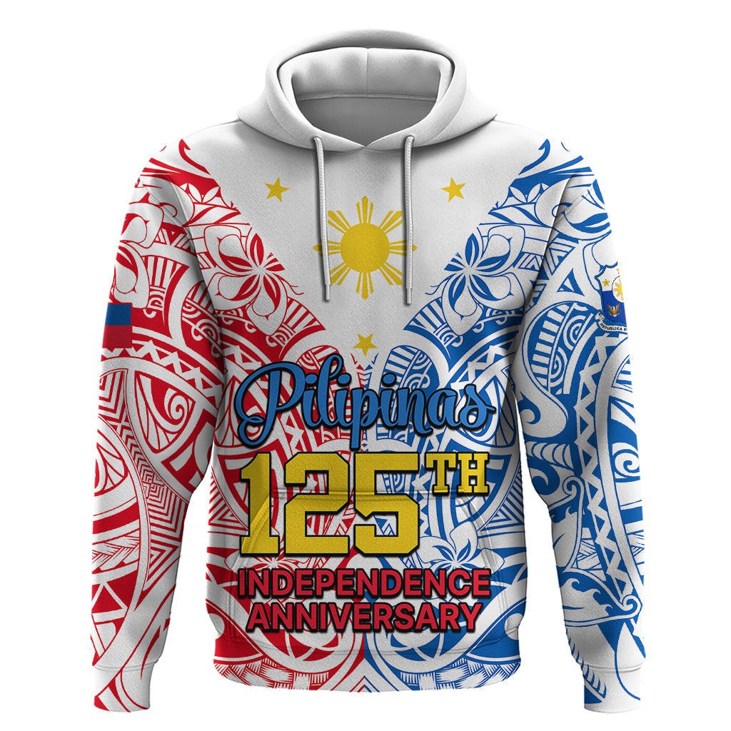 Personalised 125th Independence Anniversary Philippines Hoodie Polynesian Pilipinas Flag Style - White LT9