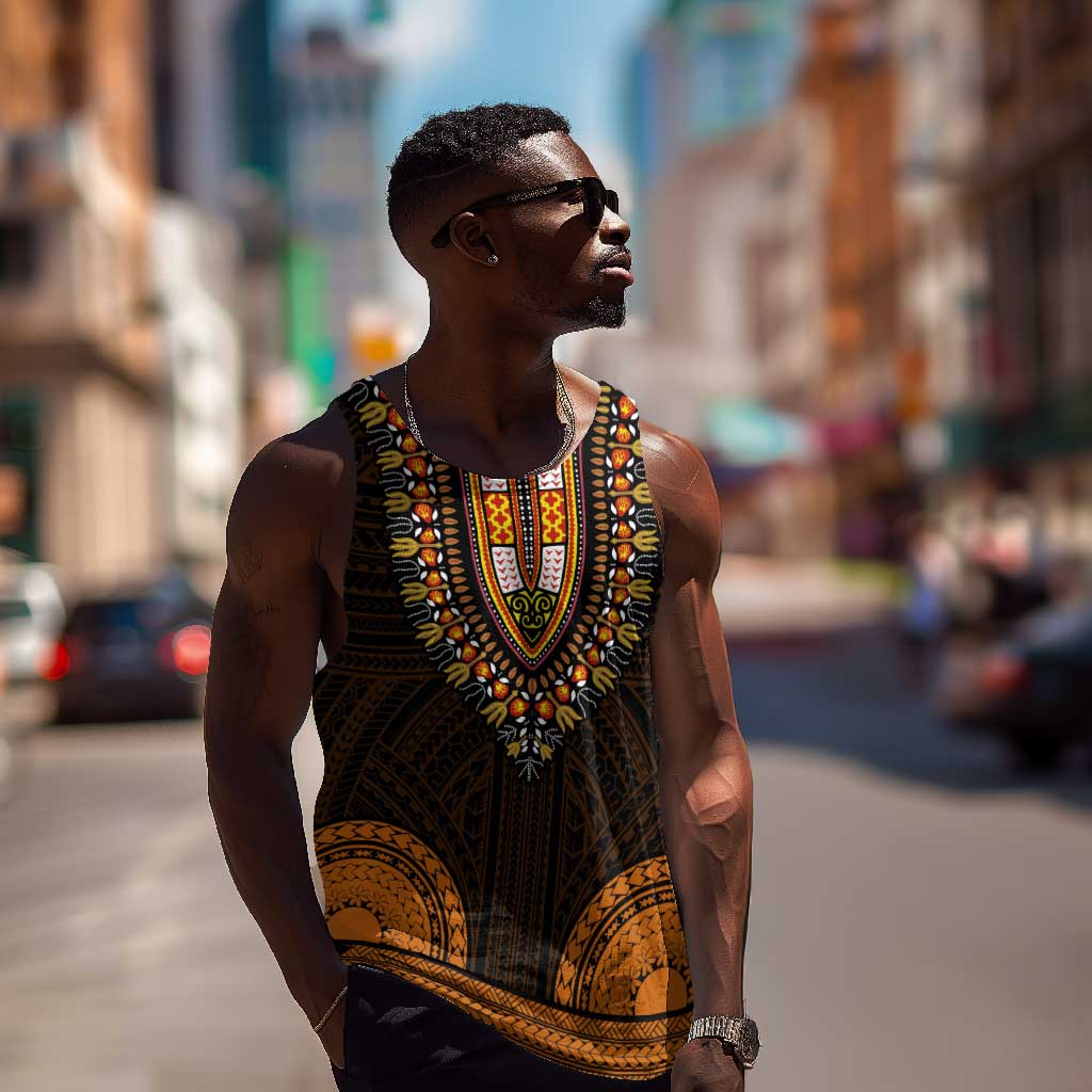 African Dashiki and Polynesian Pattern Men Tank Top Gold LT9