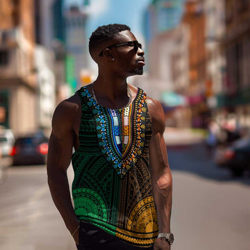 African Dashiki and Polynesian Pattern Men Tank Top Half Green-Gold LT9