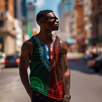 African Dashiki and Polynesian Pattern Men Tank Top Half Green-Red LT9