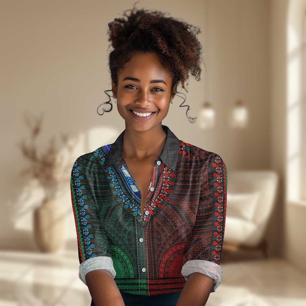 African Dashiki and Polynesian Pattern Women Casual Shirt Half Green-Red LT9
