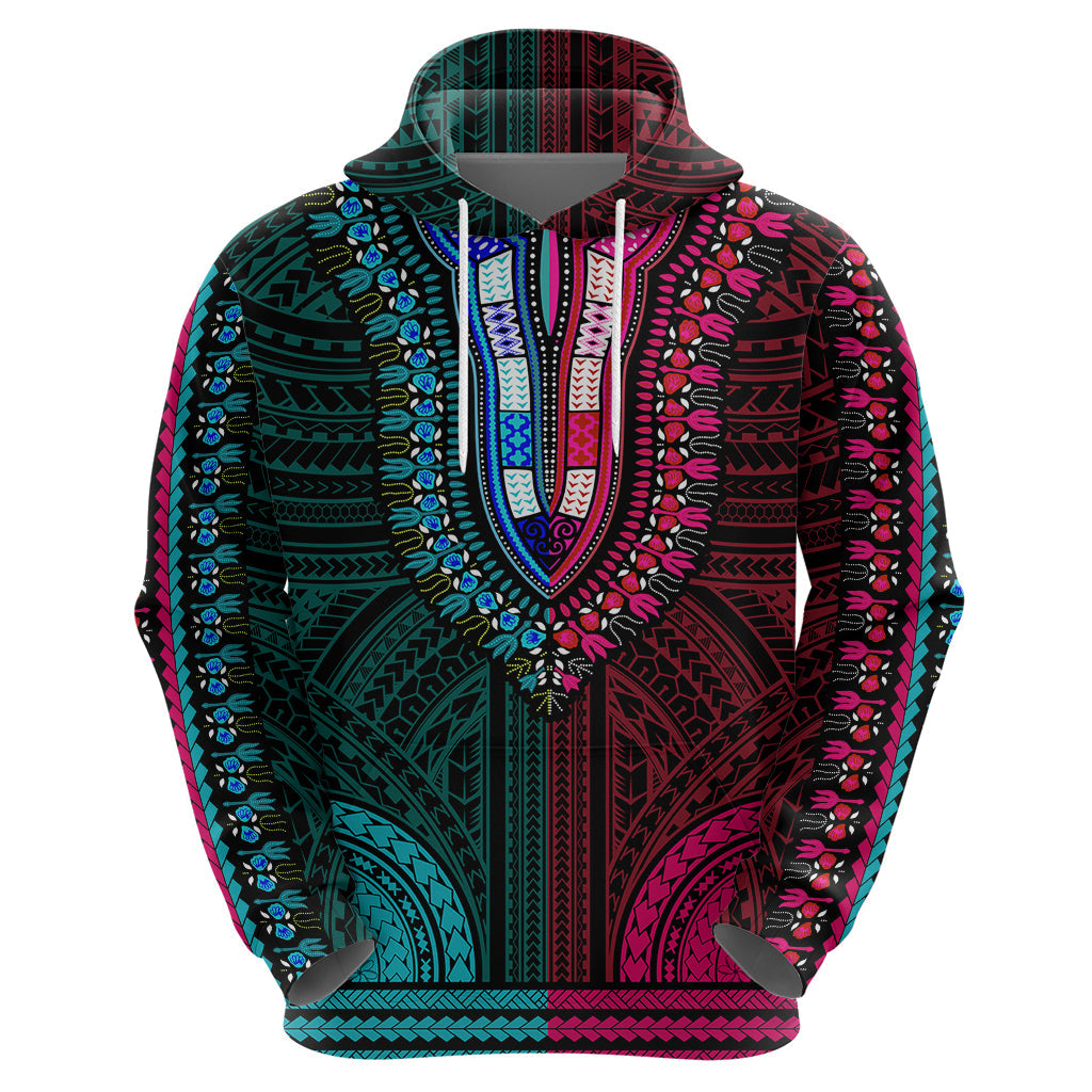 African Dashiki Hoodie With Polynesian Pattern - Half Teal and Pink LT9