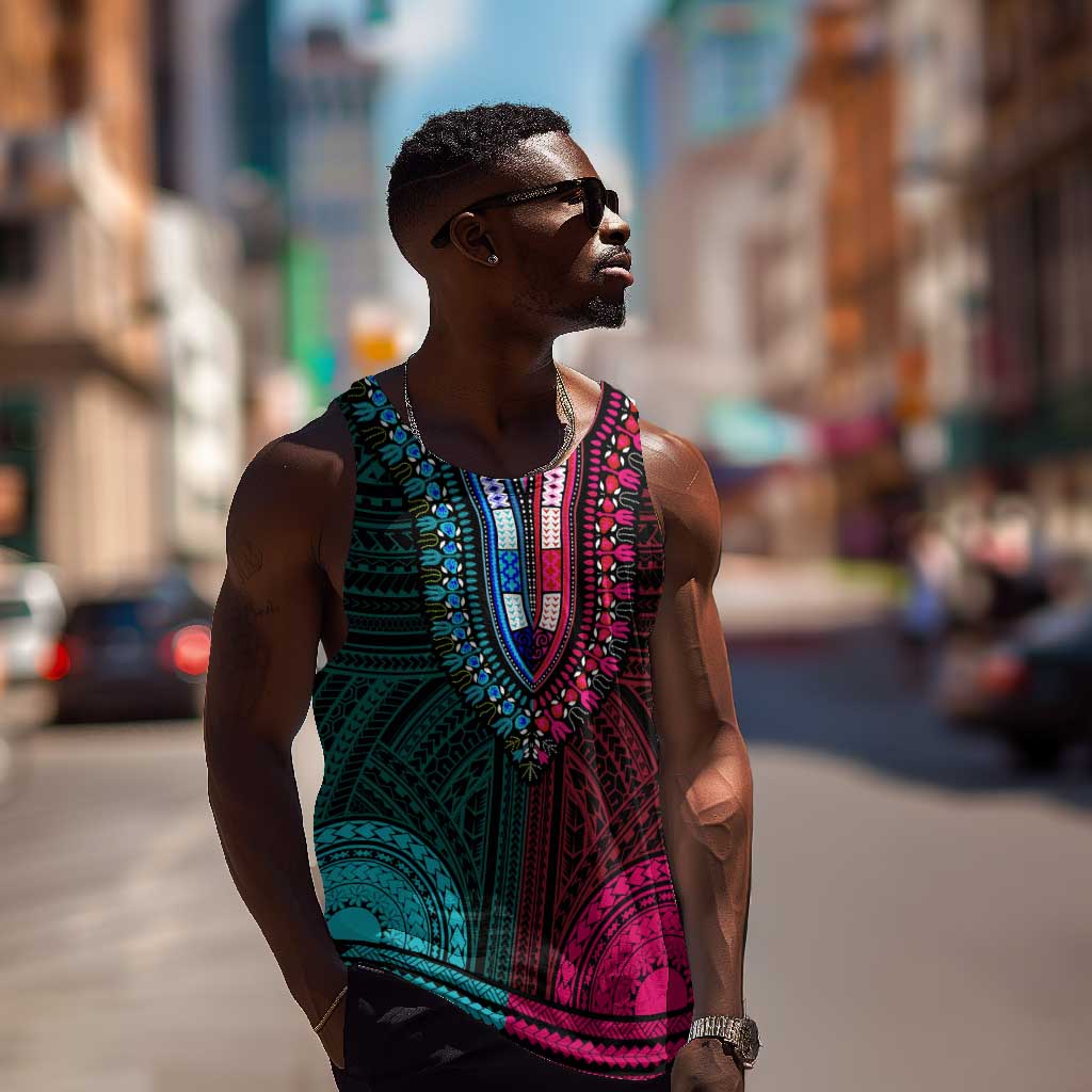 African Dashiki and Polynesian Pattern Men Tank Top Half Teal-Pink LT9