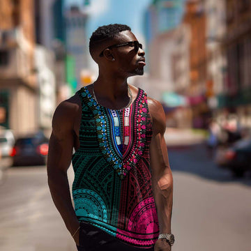 African Dashiki and Polynesian Pattern Men Tank Top Half Teal-Pink LT9