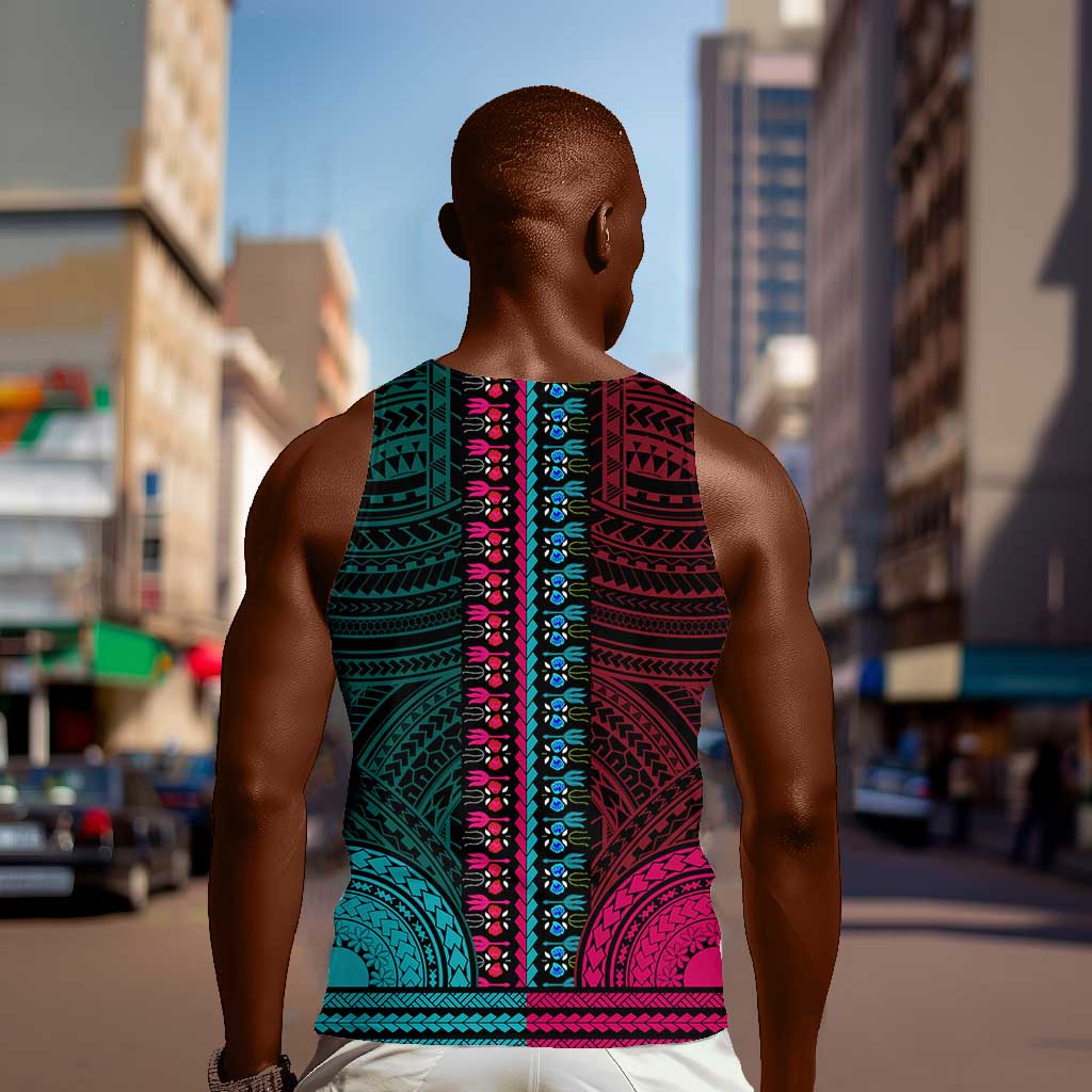 African Dashiki and Polynesian Pattern Men Tank Top Half Teal-Pink LT9