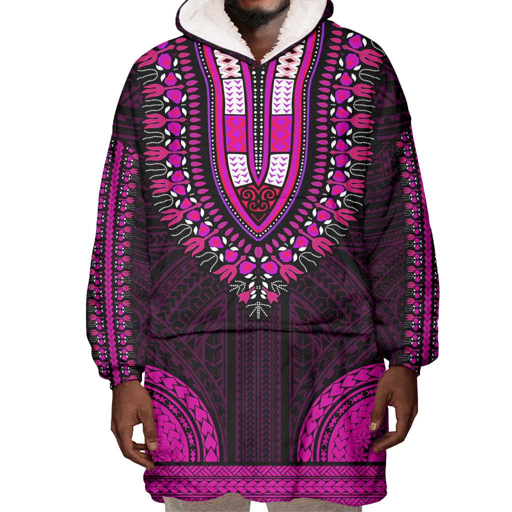 African Dashiki and Polynesian Pattern Wearable Blanket Hoodie Pink LT9