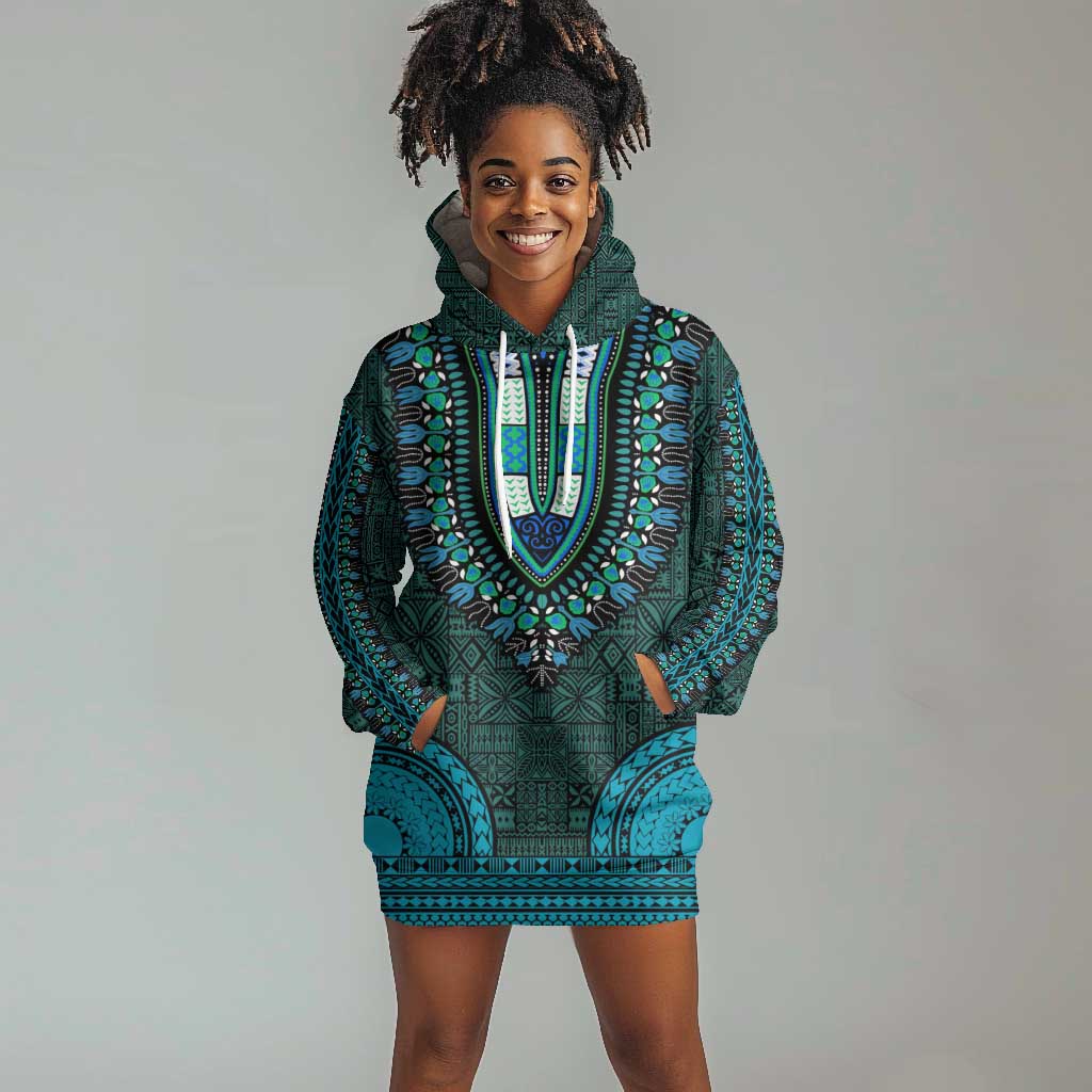 Teal Dashiki and Tapa Pattern Hoodie Dress Africa-Polynesia Together Culture LT9