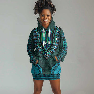 Teal Dashiki and Tapa Pattern Hoodie Dress Africa-Polynesia Together Culture LT9