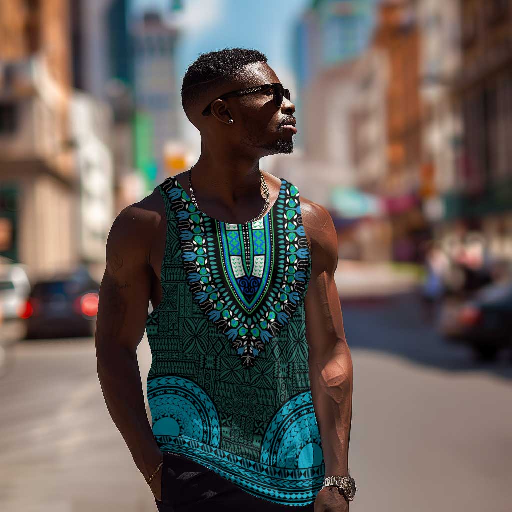 Teal Dashiki and Tapa Pattern Men Tank Top Africa-Polynesia Together Culture LT9