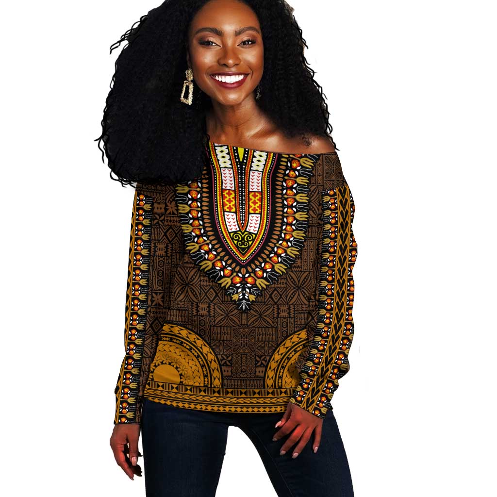 Gold Dashiki and Tapa Pattern Off Shoulder Sweater Africa-Polynesia Together Culture LT9