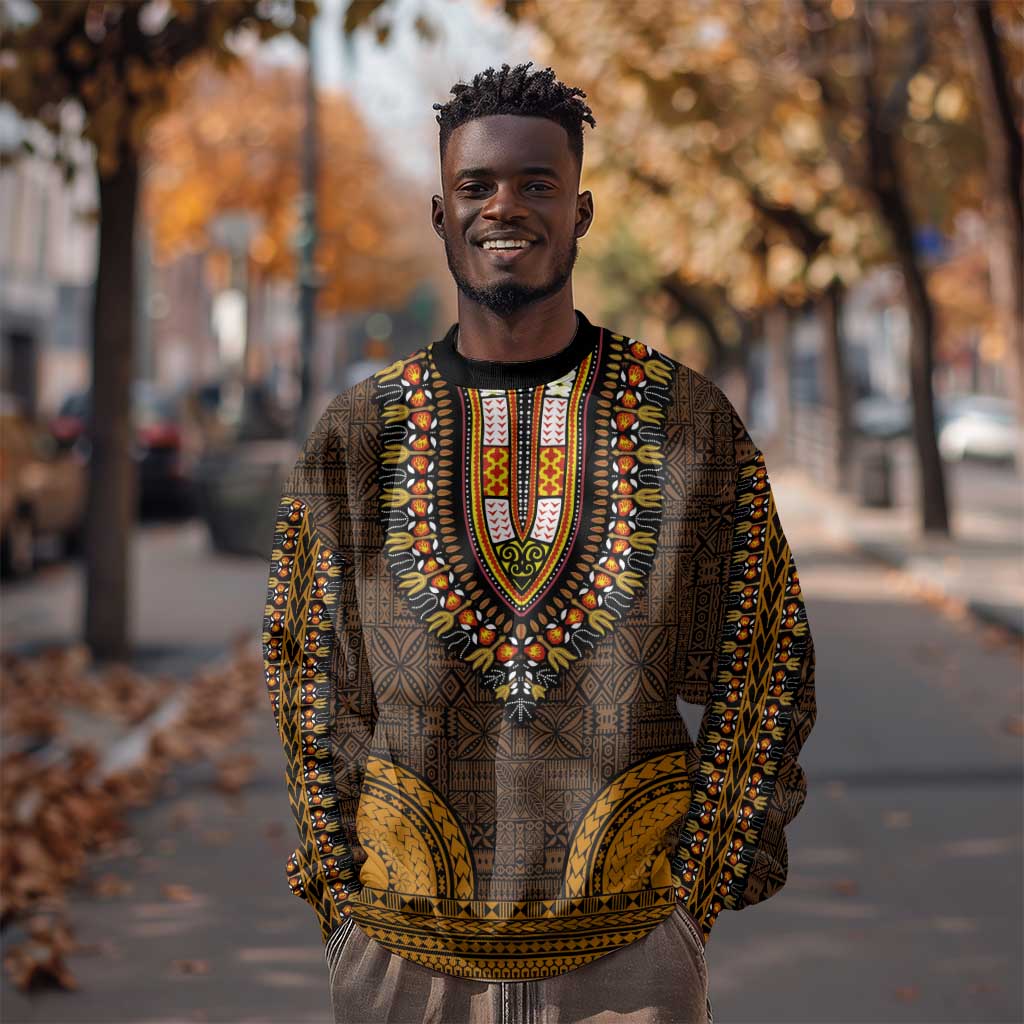 Gold Dashiki and Tapa Pattern Sweatshirt Africa-Polynesia Together Culture LT9