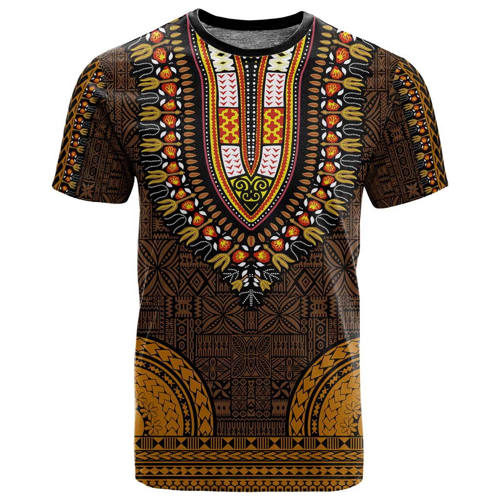 Gold Dashiki and Tapa Pattern T shirt Africa-Polynesia Together Culture LT9