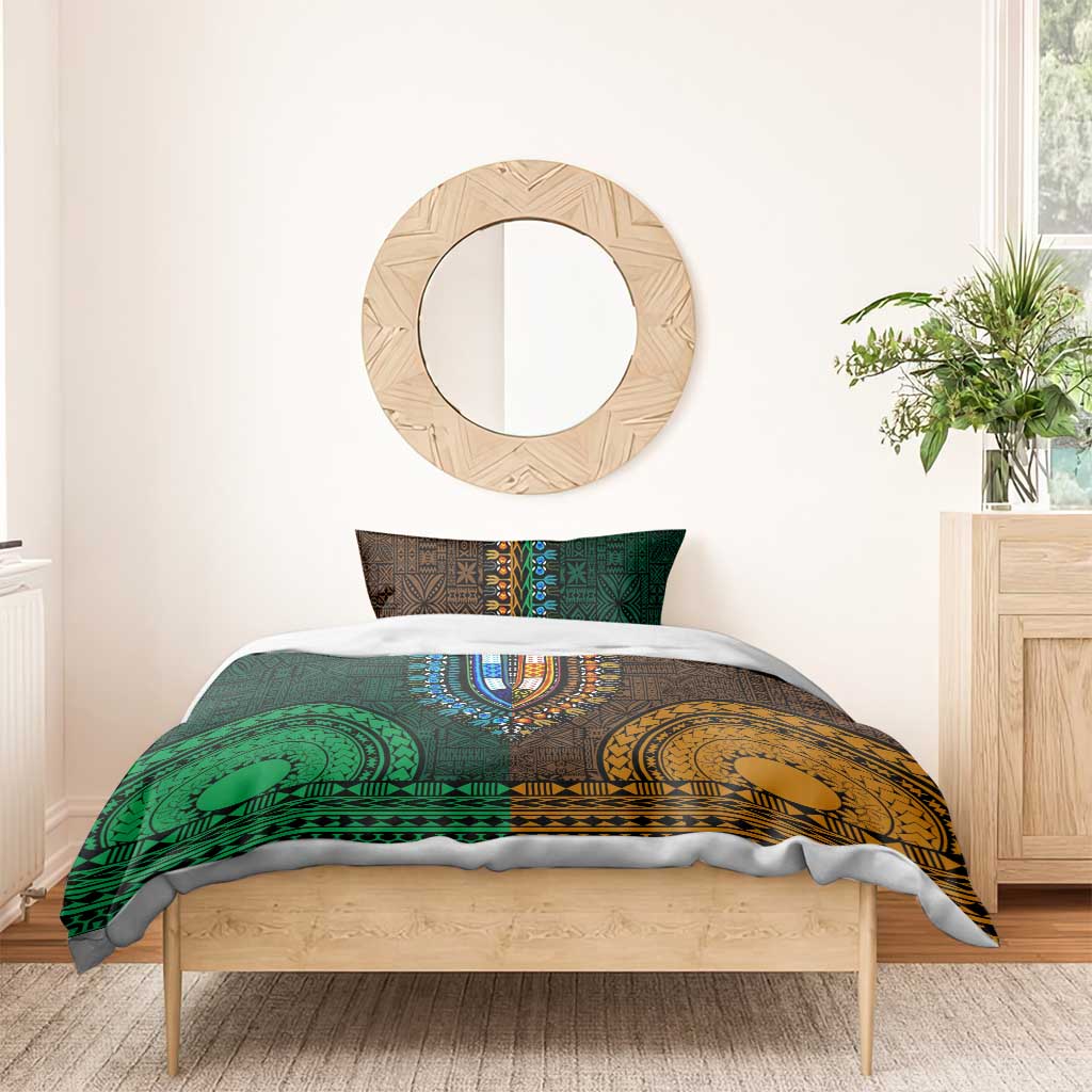 Green-gold Dashiki and Tapa Pattern Bedding Set Africa-Polynesia Together Culture LT9