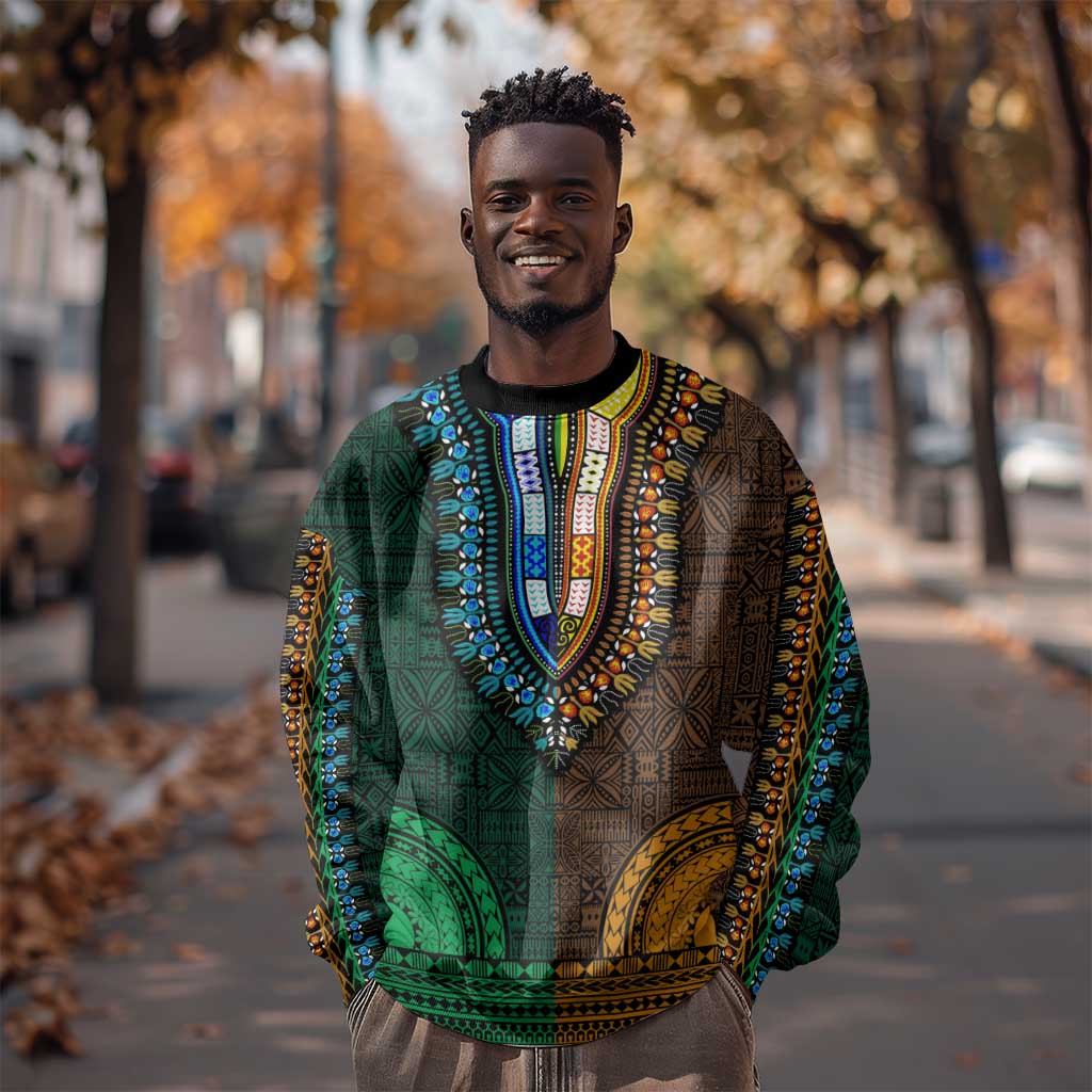 Green-gold Dashiki and Tapa Pattern Sweatshirt Africa-Polynesia Together Culture LT9