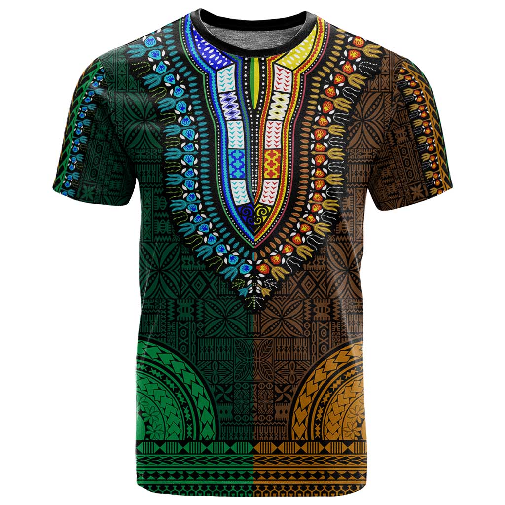 Green-gold Dashiki and Tapa Pattern T shirt Africa-Polynesia Together Culture LT9