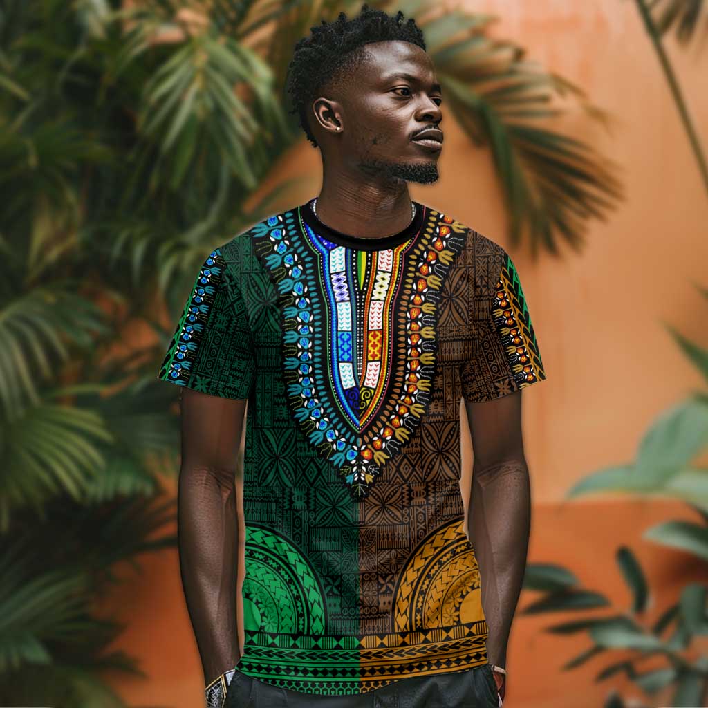 Green-gold Dashiki and Tapa Pattern T shirt Africa-Polynesia Together Culture LT9