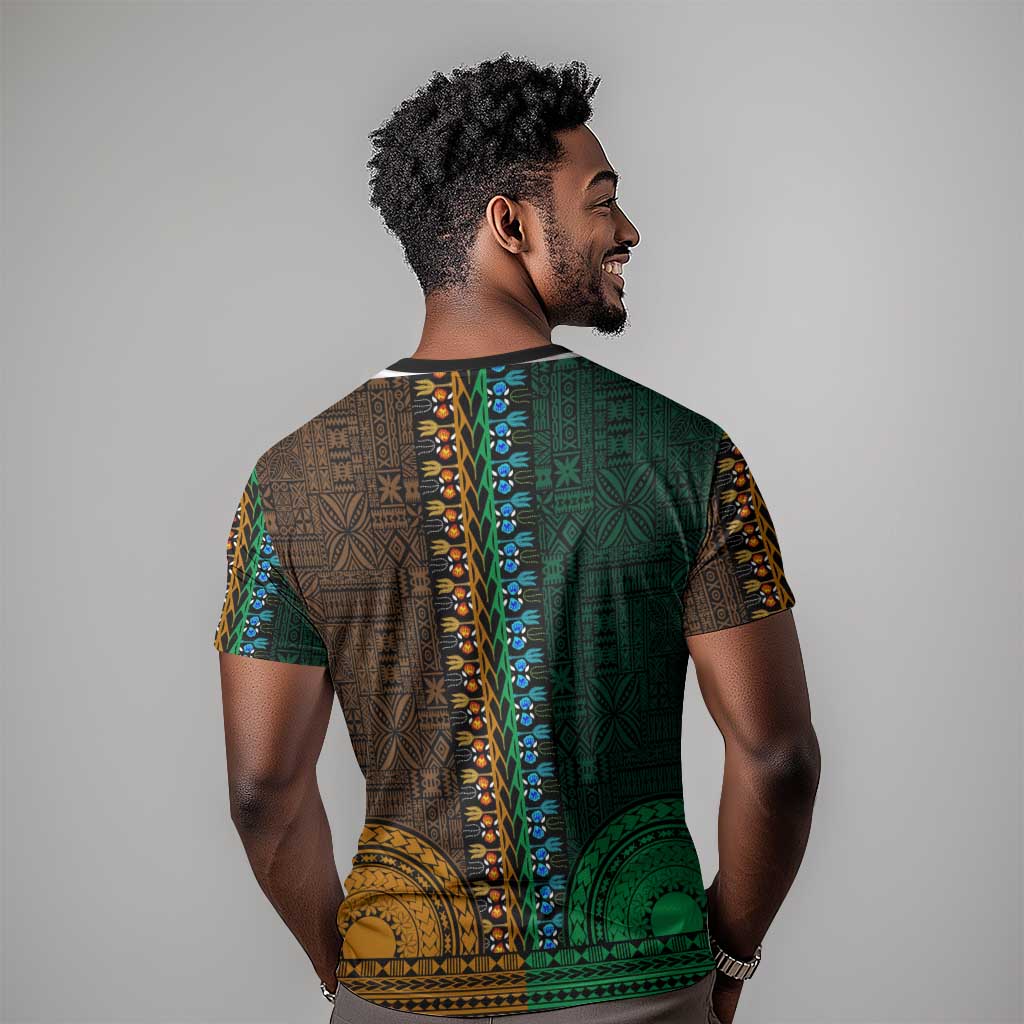 Green-gold Dashiki and Tapa Pattern T shirt Africa-Polynesia Together Culture LT9